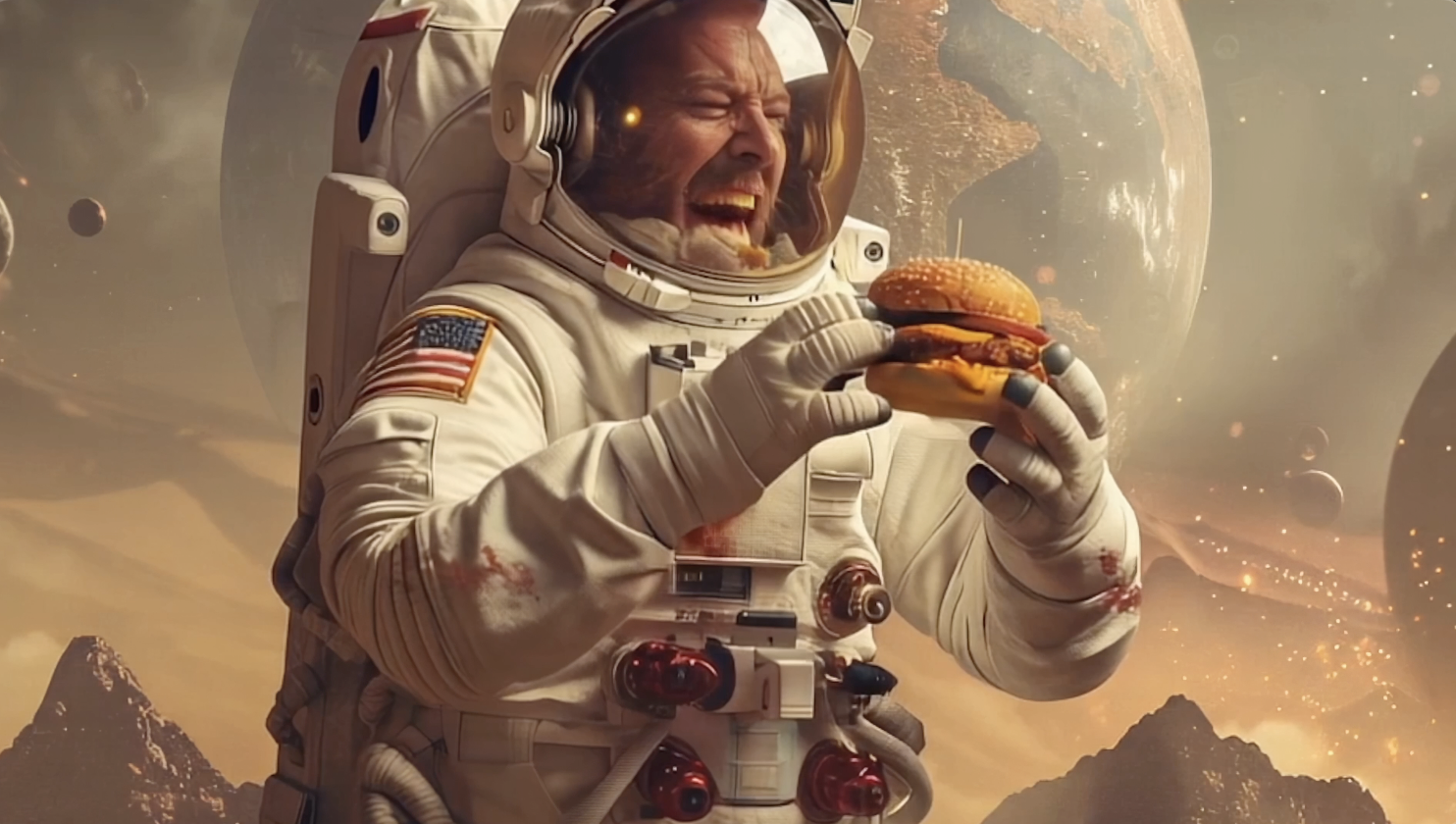 Astronaut enjoying a gourmet burger, showcasing Hernz Burgers’ AI-enhanced visuals.