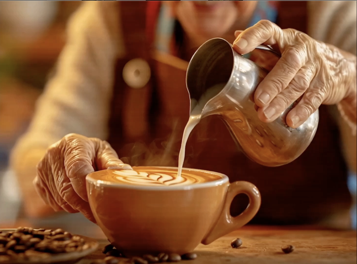 Barista pouring latte art into a cup, representing Joel Coffee’s blend of 80’s nostalgia and premium coffee.