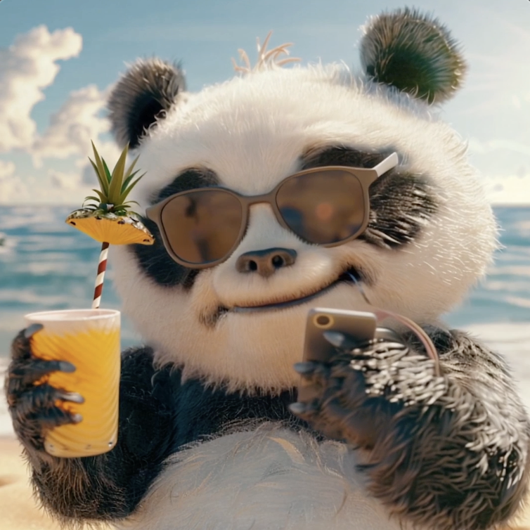 Panda holding a drink and phone, representing AI-animated innovation and fun for business services.