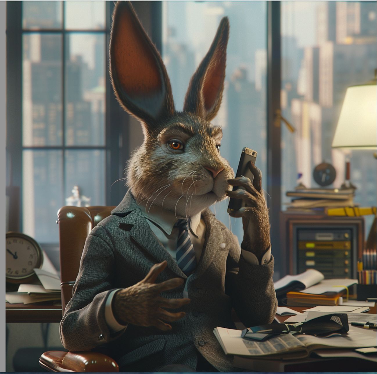 AI-driven animation of a rabbit in a business suit, showcasing storytelling innovation for virtual event solutions.