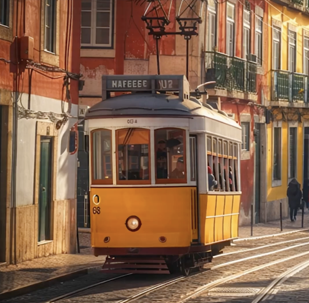 Iconic yellow tram in Lisbon, promoting Pasteleria Lisboa’s vegan pastries and vibrant city culture.