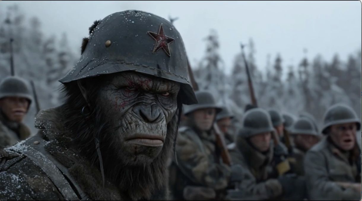 Dystopian scene with ape soldiers in military gear, promoting Stalin’s Army of Apes novel with AI-enhanced visuals.